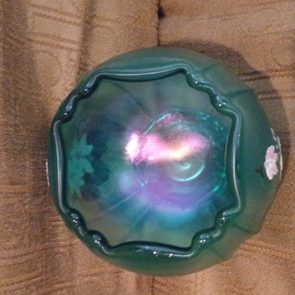 Fenton Blue Green Iridescent Bowl With Hand Painted Flowers - Picture 4 of 5